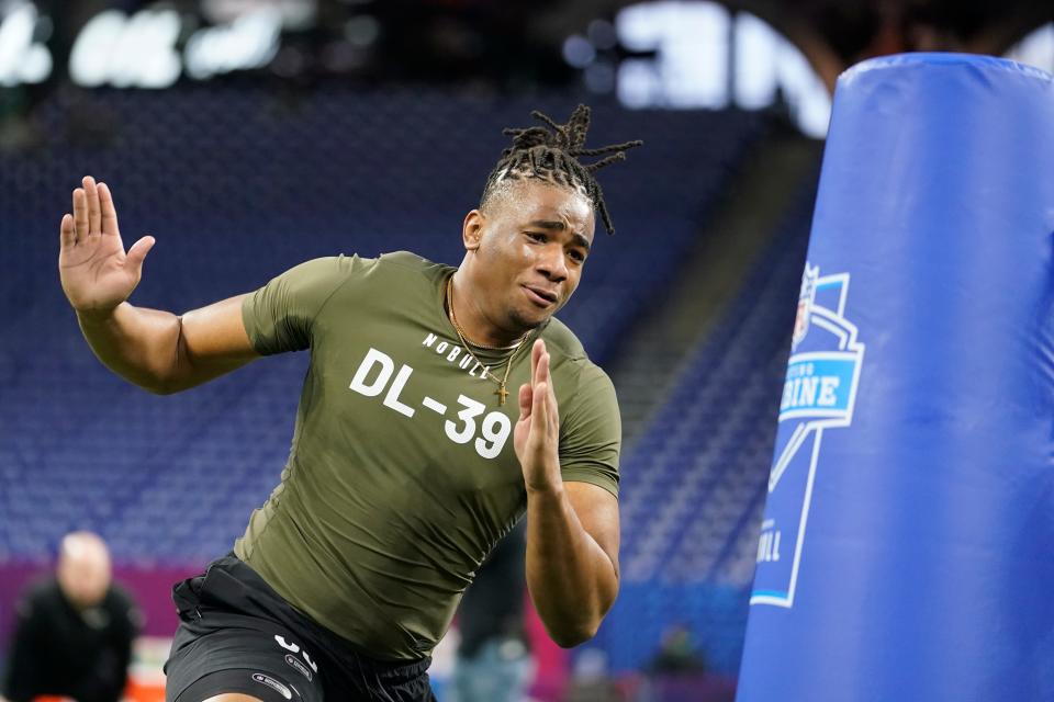 Former Missouri defensive lineman Isaiah McGuire goes through a drill during the NFL Scouting Combine on March 2 in Indianapolis.