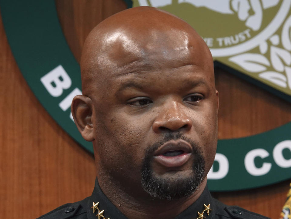 FILE - Broward Sheriff Gregory Tony announces that two additional deputies have been fired as a result of the agency's internal affairs investigation into the mass shooting at Marjory Stoneman Douglas High School in Parkland, at the Broward Sheriff's Office headquarters in Fort Lauderdale, Fla., Wednesday, June 26, 2019. Florida Gov. Ron DeSantis said Tuesday, Feb. 1, 2022, he will decide soon whether to suspend Tony after state investigators found he lied on police applications about killing someone as a teen, his past drug use and his driving record. (Joe Cavaretta/South Florida Sun-Sentinel via AP, File)