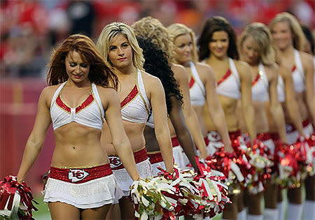 Kansas City Chiefs cheerleaders perform in the first half of an NFL preseason football game between the Kansas City Chiefs and the Cincinnati Bengals.