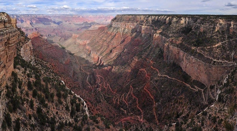 The Bright Angel Trail as seen from the South Rim of Grand Canyon National Park.