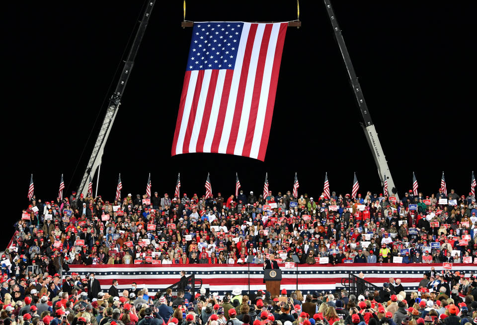 People gather to listen to President Donald J. Trump in Valdosta, GA United States on December 5, 2020. (Photo by Peter Zay/Anadolu Agency via Getty Images)