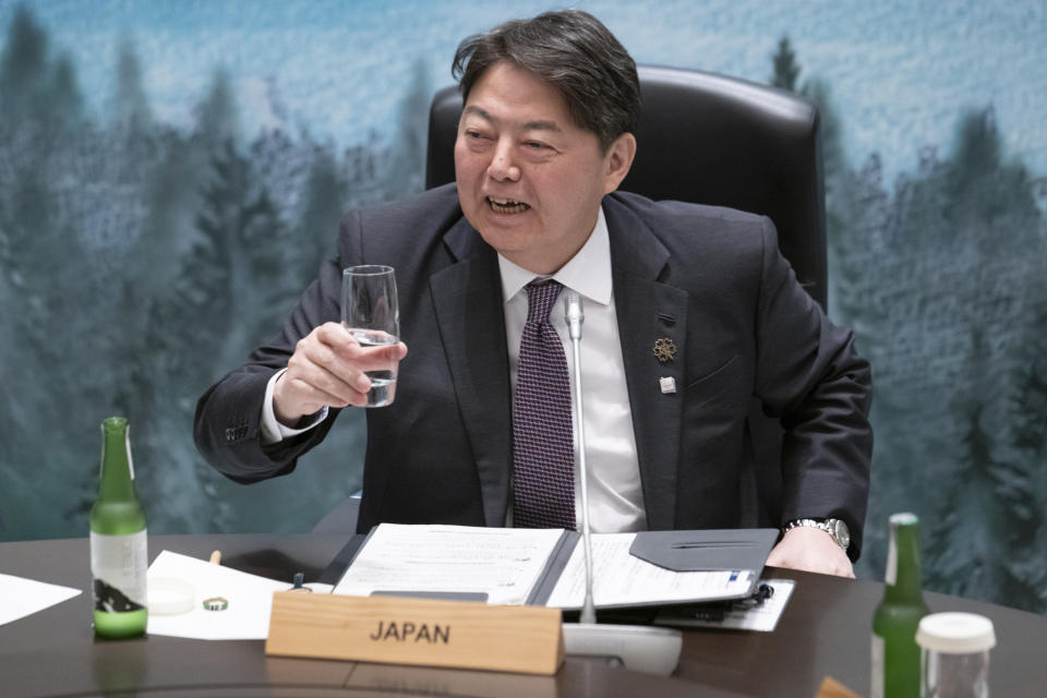 Japan's Foreign Minister Yoshimasa Hayashi gestures at the start of the fifth working session of a G7 Foreign Ministers' Meeting at the Prince Karuizawa hotel in Karuizawa, Japan Tuesday, April 18, 2023. (Yuichi Yamazaki/Pool Photo via AP)