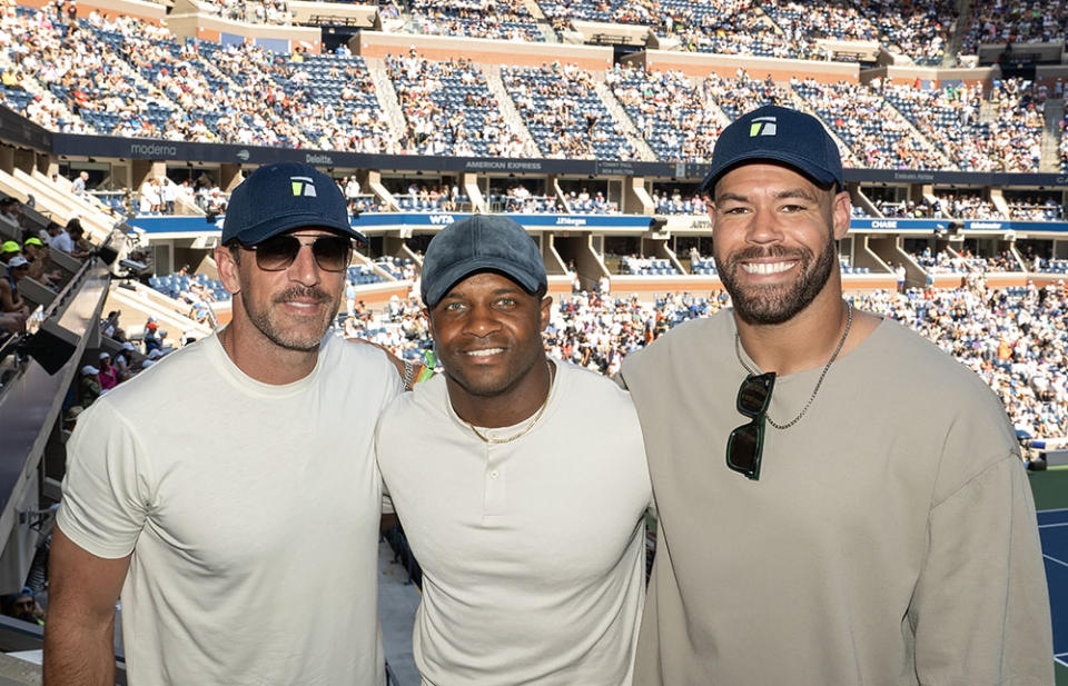 NY Jets’ quarterback, Aaron Rodgers, wide receiver, Randall Cobb, and tight end, CJ Uzomah are photographed at Tennis Channel’s 2023 US Open suite on Day 7 of the 2023 US Open.