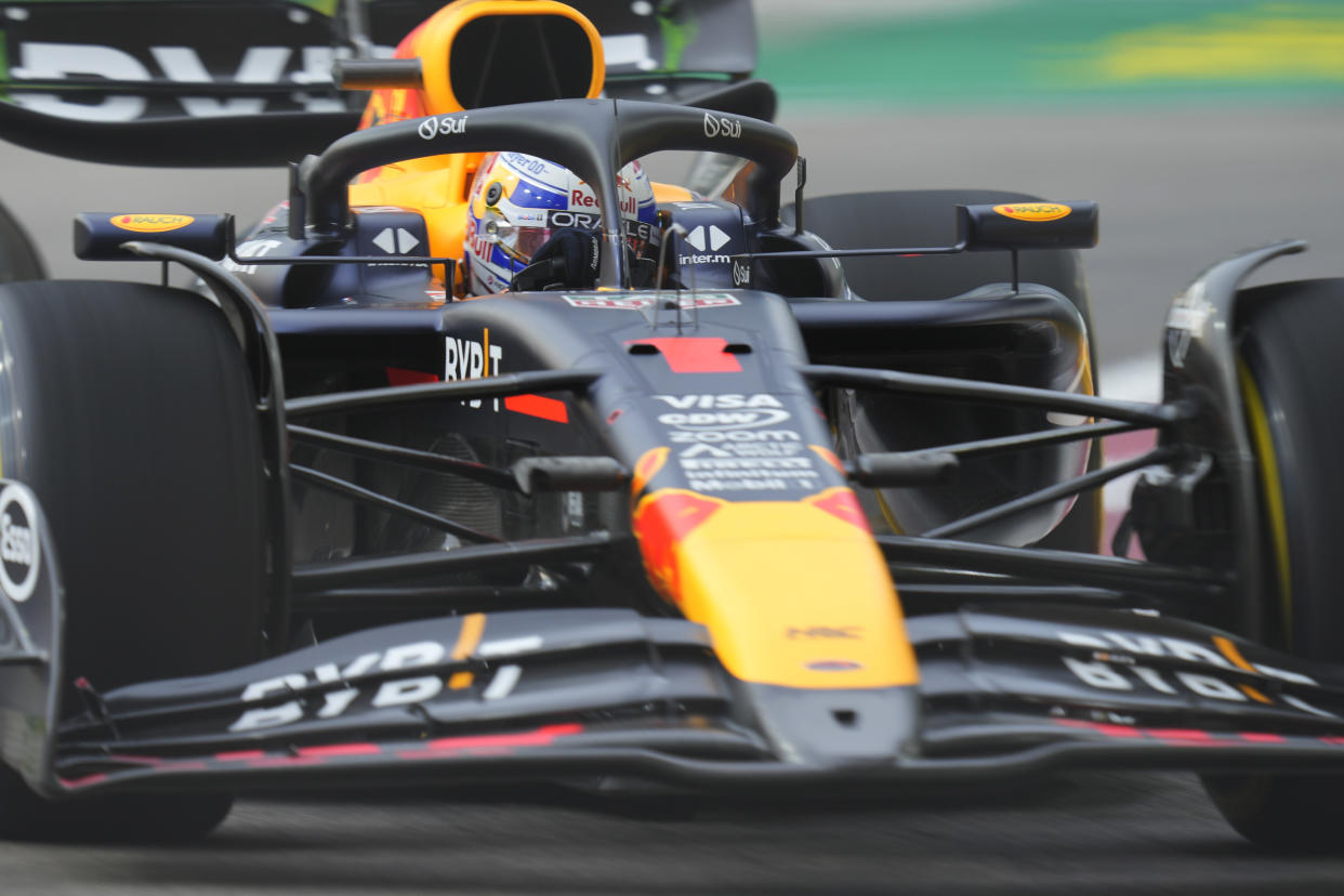 Red Bull driver Max Verstappen of the Netherlands during the first practice session of the Singapore Formula One Grand Prix at the Marina Bay Street Circuit, in Singapore, Friday, Sept. 20, 2024. (AP Photo/Vincent Thian)