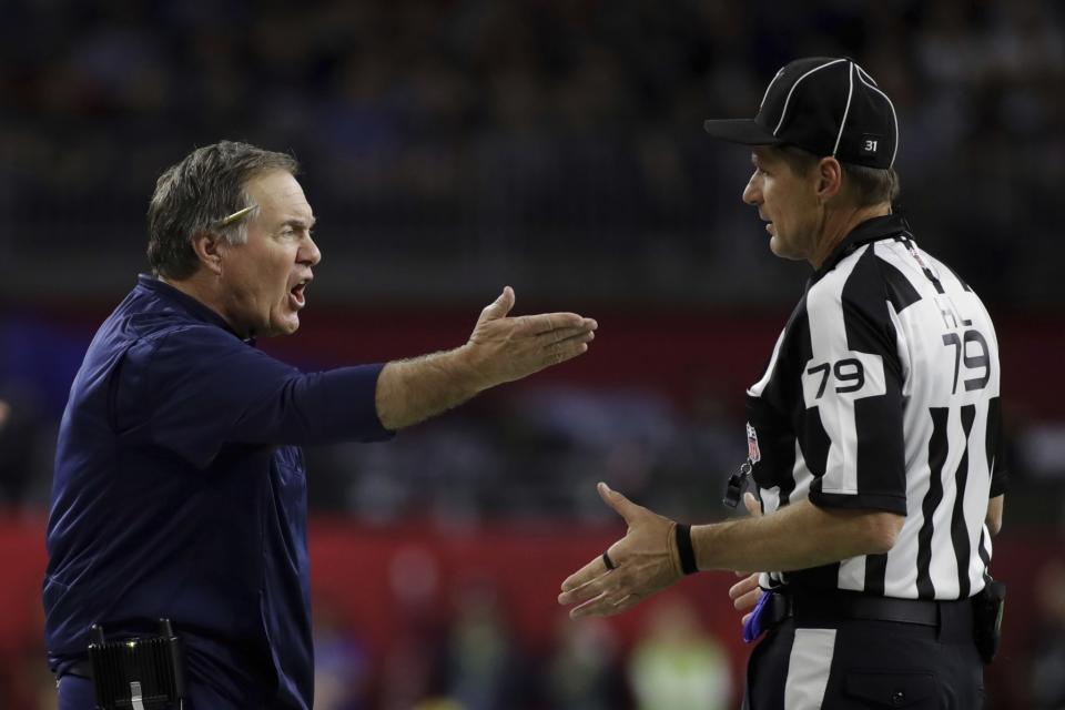 Bill Belichick was not happy with the referees early in Super Bowl 51. (AP)