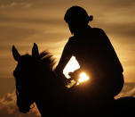 Horses arrive at sunrise for workouts at Belmont Park in Elmont, N.Y., Friday, June 7, 2019. The 151st Belmont Stakes horse race will be run on Saturday, June 8, 2019. (AP Photo/Seth Wenig)