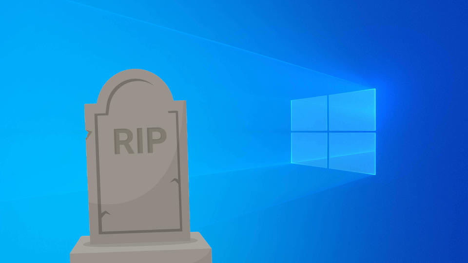 The default Windows 10 desktop wallpaper with a stock image of a gravestone in front of it