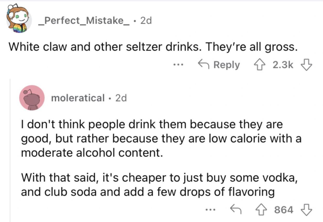 Reddit screenshot about White Claw and other seltzer drinks being disgusting.