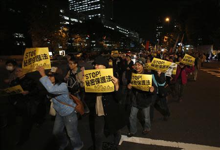 Protesters shout slogans during a march against the government's planned secrecy law in Tokyo November 21, 2013. REUTERS/Issei Kato