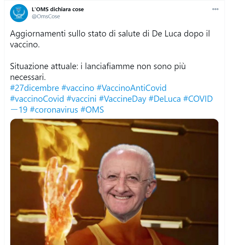 Da De Luca che si trasforma in Hulk dopo la prima somministrazione, alla foto del governatore che anziché vaccinarsi si tatua l'immagine di se stesso.