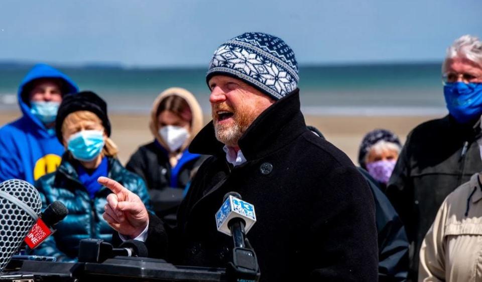 Attorney Benjamin Ford, of the Portland-based law firm Archipelago, is seen here advocating for his clients during a press conference at Moody Beach in April of 2021.