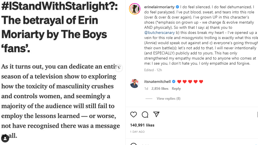 The actor spoke out on Instagram. (Erin Moriarty Instagram)