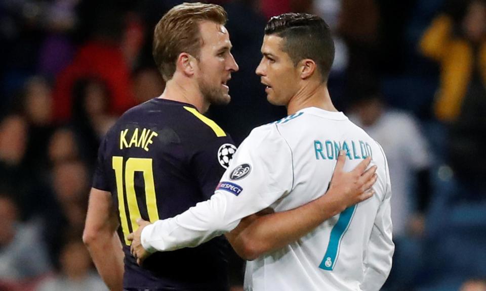 Harry Kane and Cristiano Ronaldo embrace after the 1-1 draw between Real Madrid and Tottenham at the Bernabéu