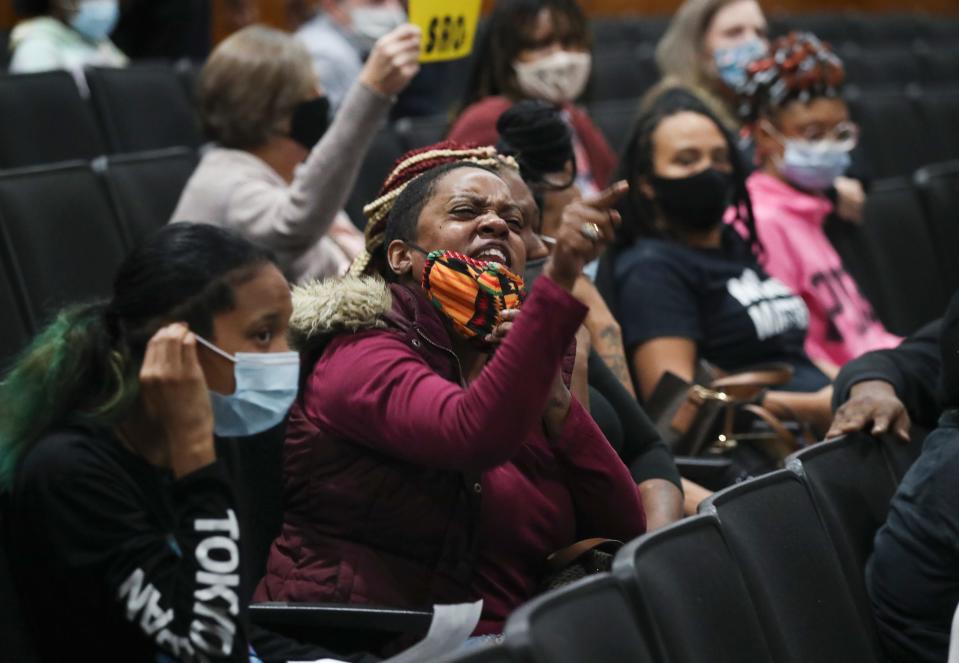 A woman became upset with a security officer she felt did not believe her when she reported that someone was harassing her during a JCPS school board meeting at Central High School Louisville, Ky. on Oct. 5, 2021.