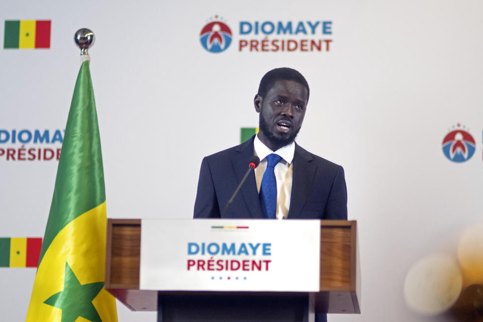 Opposition leader Bassirou Diomaye Faye holds a press conference in Dakar, Senegal, Monday, March 25, 2024. Faye appeared set Monday to become the country’s next president, less than two weeks after being released from prison to run in the election. (AP Photo/Mosa'ab Elshamy)
