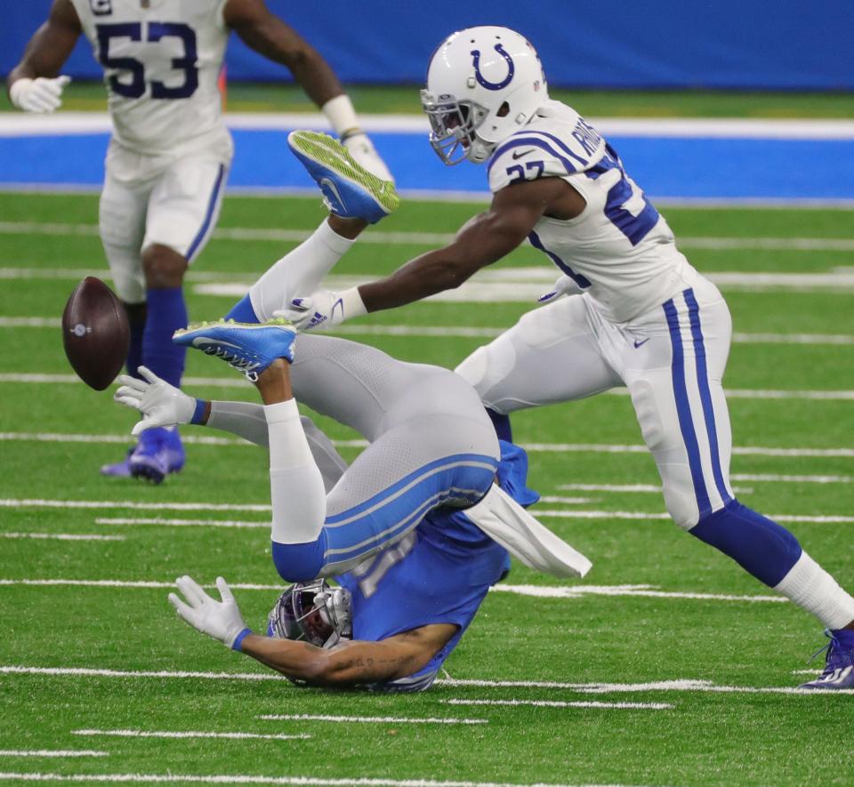 Detroit Lions receiver Kenny Golladay is defended by Indianapolis Colts cornerback Xavier Rhodes during the first half at Ford Field, Sunday, Nov. 1, 2020.