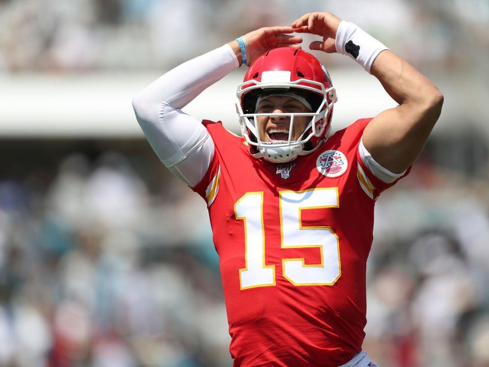 Patrick Mahomes celebrates a touchdown against the Jacksonville Jaguars.