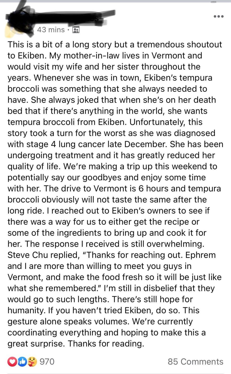 The touching Facebook post showcased how compassionate the team at Ekiben really is. Source: Facebook