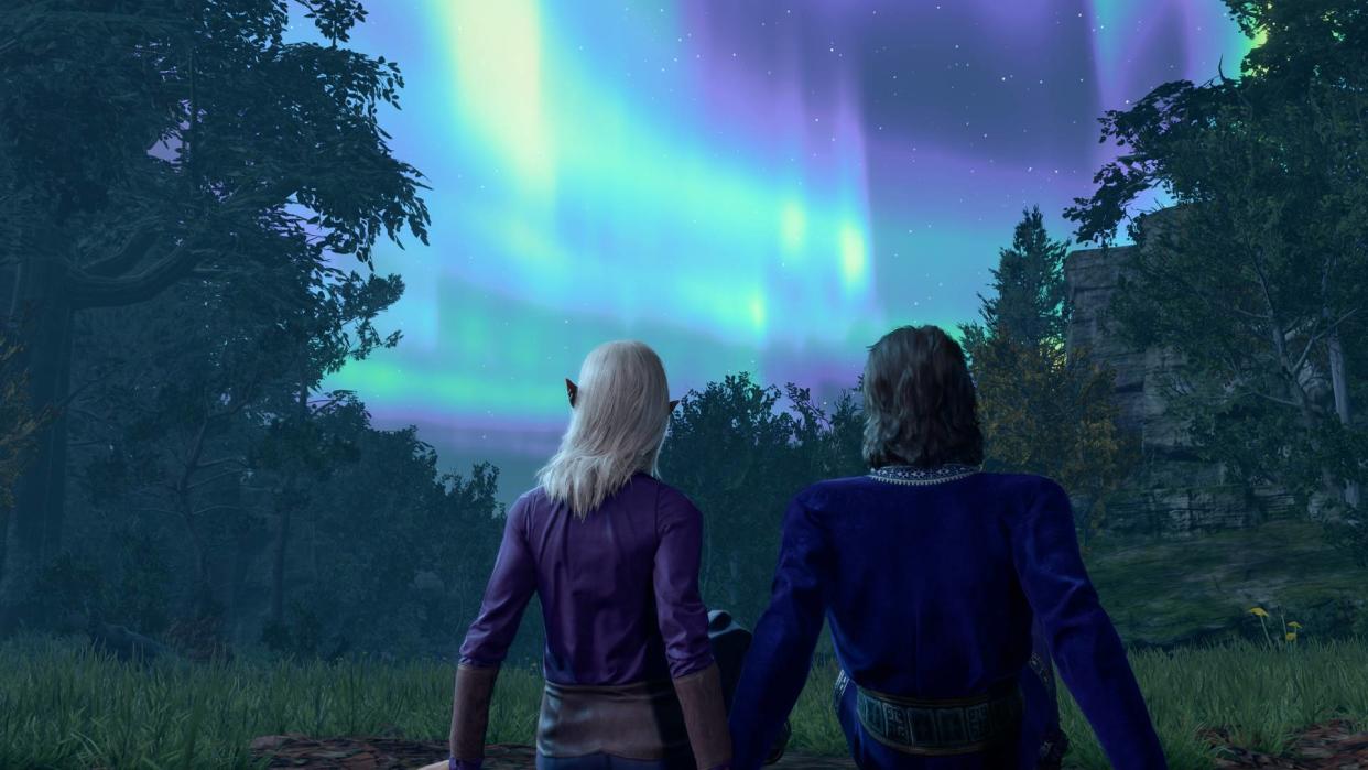  Baldur's Gate 3 Gale and Tav looking up at aurora in the sky. 