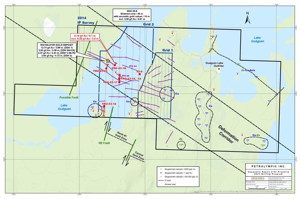 Location of the drill holes, IP and zones investigated during the 2023 campaign in Rayon d’Or.