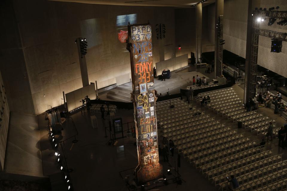 The Last Column of the World Trade Center is seen inside the Foundation Hall section of the National September 11 Memorial & Museum during a media preview in New York May 14, 2014. A museum commemorating the Sept. 11, 2001 attacks on New York and Washington is on the verge of opening, with wrenchingly familiar sights as well as artifacts never before on public display. Among the first visitors to the National September 11 Memorial Museum are victims' family members and others intimately involved in its creation who will attend on Thursday, after a Wednesday media preview. The doors open to the general public on May 21. (REUTERS/Shannon Stapleton)