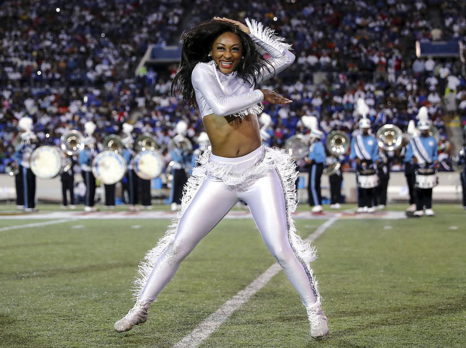 Members of the Jackson State band and dance team perform at halftime during the Southern Heritage Classic NCAA college football game against Tennessee State in Memphis, Tenn., Saturday, Sept. 11, 2021. (Patrick Lantrip/Daily Memphian via AP)