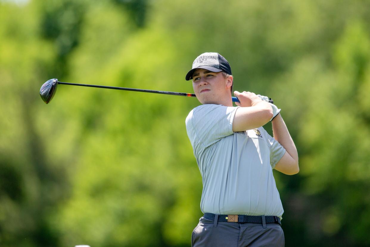 Southern Regional's Alex Henbest competes during the NJSIAA Central-South Group 4 golf tournament at Charleston Springs Golf Course in Millstone Twp., NJ Monday May 8, 2023. 