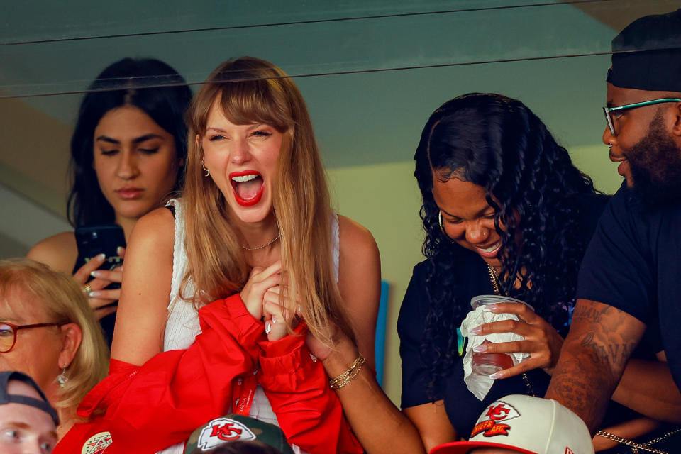 KANSAS CITY, MISSOURI - SEPTEMBER 24: Taylor Swift watches during a regular season game between the Kansas City Chiefs and the Chicago Bears at GEHA Field at Arrowhead Stadium on September 24, 2023 in Kansas City, Missouri. (Photo by David Eulitt/Getty Images)