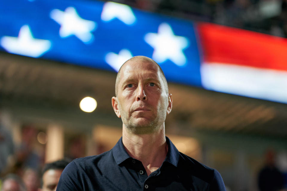 ORLANDO, FL - MARCH 21: United States head coach Gregg Berhalter looks on from the sidelines in game action during an International friendly match between the United States and Ecuador on March 21, 2019 at Orlando City Stadium in Orlando, FL. (Photo by Robin Alam/Icon Sportswire via Getty Images)