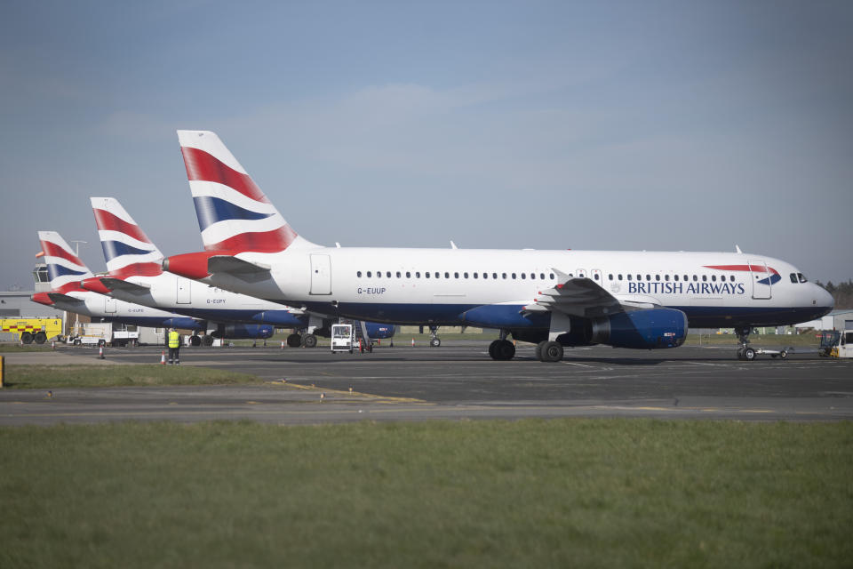 British Airways aircraft parked at Bournemouth airport where they are expected to remain after the airline reduced flights amid travel restrictions and a huge drop in demand as a result of the coronavirus pandemic.