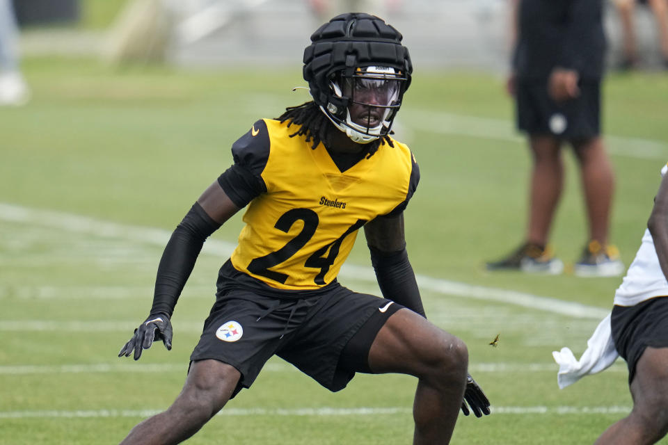 Pittsburgh Steelers cornerback Joey Porter Jr. participates in the NFL team's training camp in Latrobe, Pa., Thursday, July 27, 2023. (AP Photo/Gene J. Puskar)