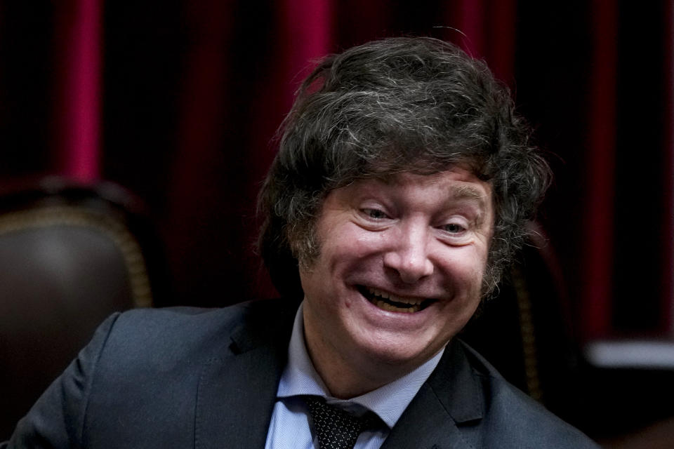 President-elect Javier Milei smiles after attending a joint session of Congress that officially declared him and his running mate winners of the presidential runoff election, in Buenos Aires, Argentina, Wednesday, Nov. 29, 2023. (AP Photo/Natacha Pisarenko)