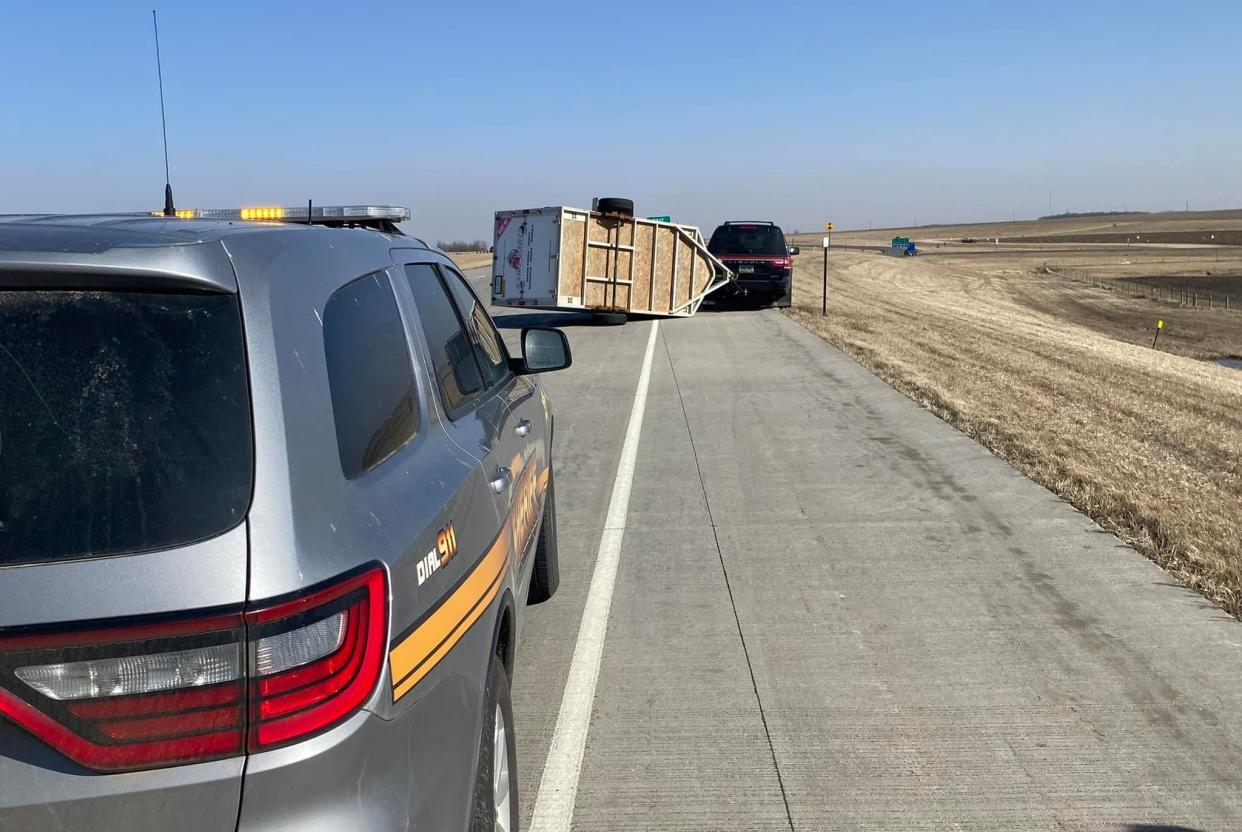 The Hamlin County Sheriff’s Office was called to a trailer rollover crash on Interstate 29 on Saturday afternoon. It was one of five similar accidents caused by the wind on Saturday that the office dealt with.
