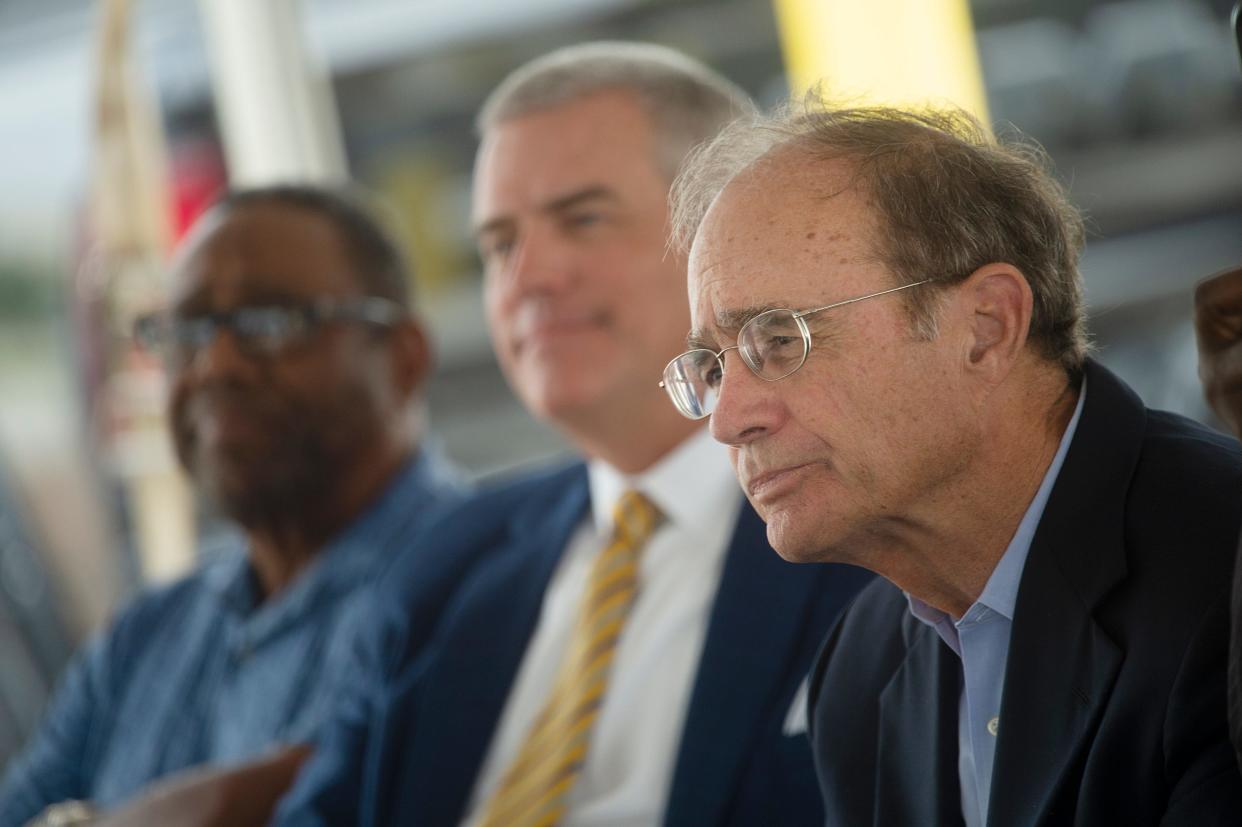 Lt. Governor Delbert Hosemann, from right, and Speaker of the House Phillip Gunn attend the Amazon Fulfillment Center grand opening celebrates in Canton Miss., Thursday, Aug. 11, 2022.