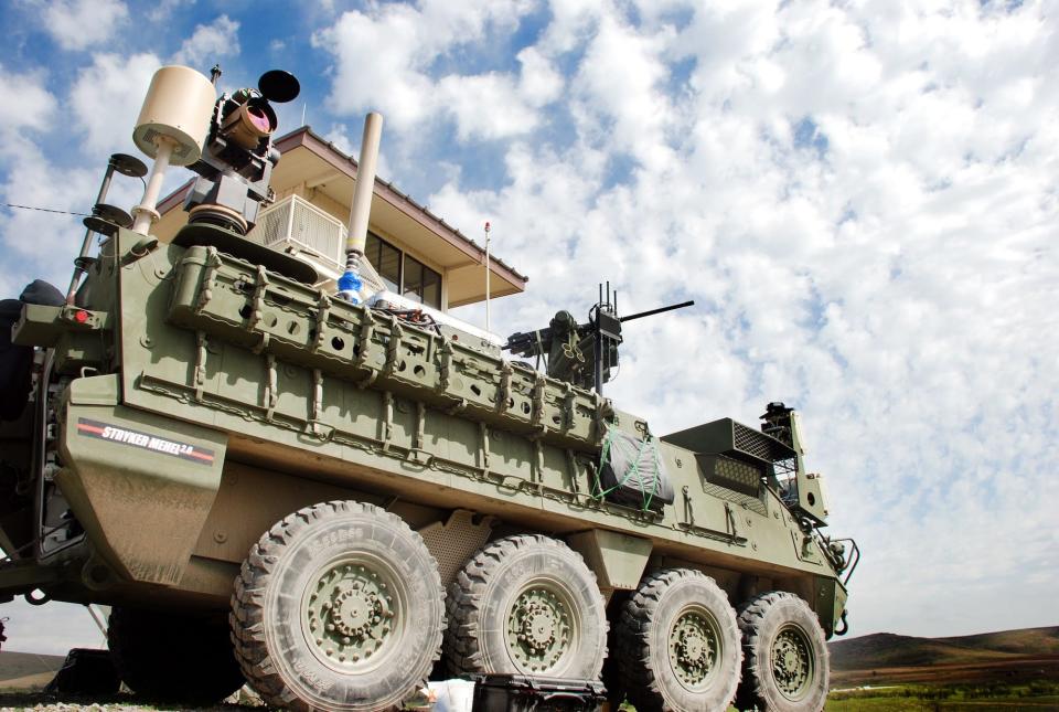 A 5-kilowatt laser sits on a Stryker armored vehicle in 2017.