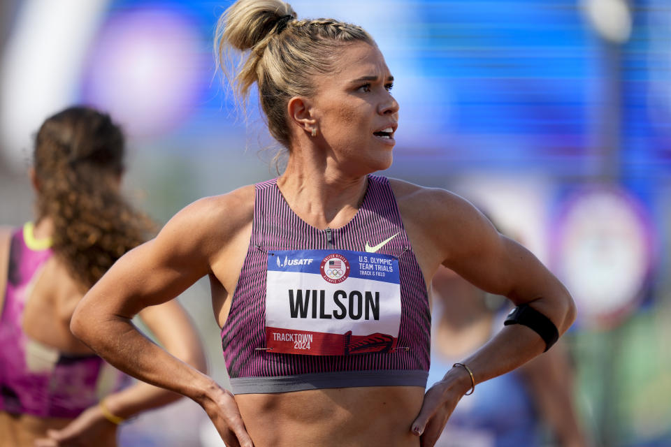 Allie Wilson wins a heat in the women's 800-meter run during the U.S. Track and Field Olympic Team Trials Friday, June 21, 2024, in Eugene, Ore. (AP Photo/Charlie Neibergall)