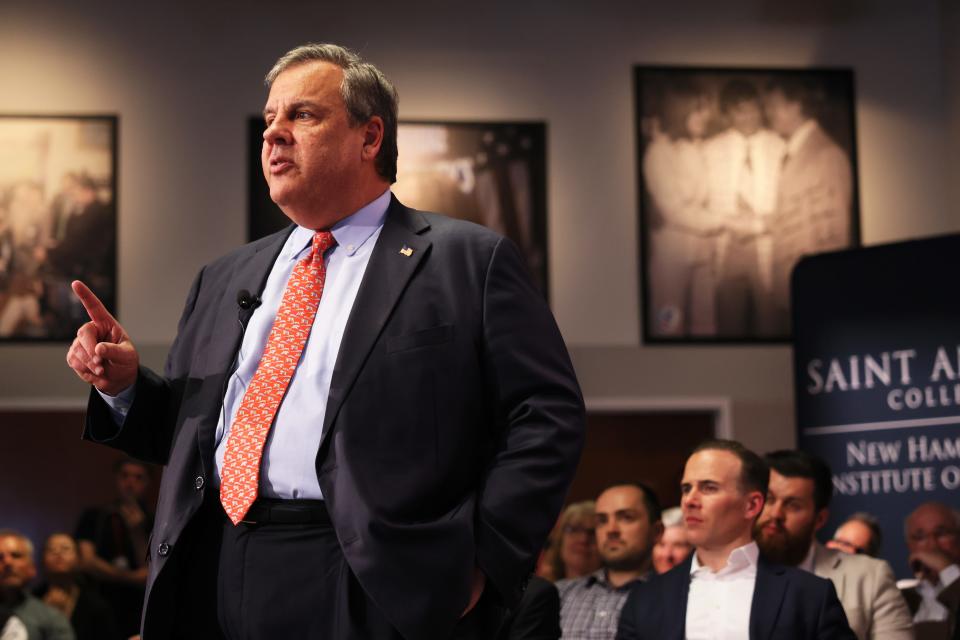 Former New Jersey Gov. Chris Christie speaks at a town-hall-style event at the New Hampshire Institute of Politics at Saint Anselm College on June 06, 2023 in Manchester, New Hampshire.