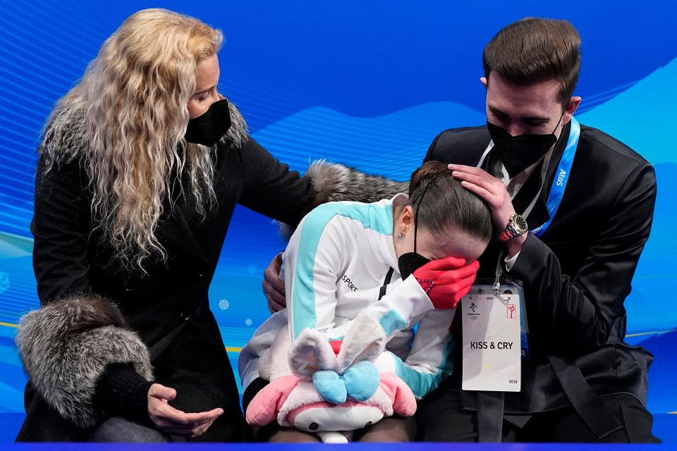 Kamila Valieva, of the Russian Olympic Committee, breaks down after losing in the women's free skate program during the figure skating competition at the 2022 Winter Olympics.