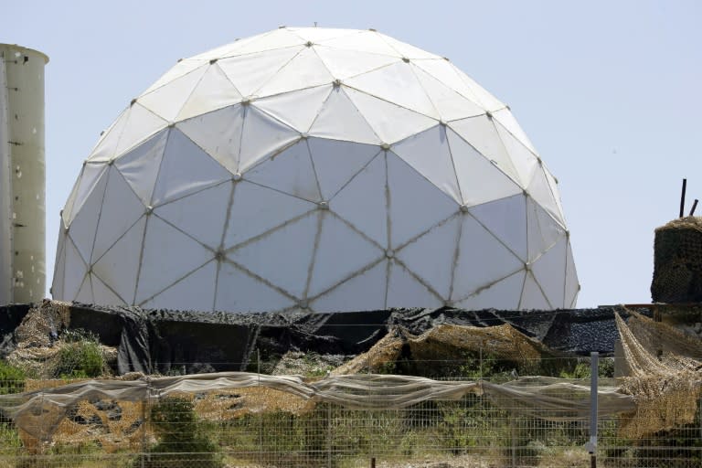 A picture taken on April 20, 2017 from the Lebanese side of the border with Israel shows an Israeli military observation station near the settlement of Hanita