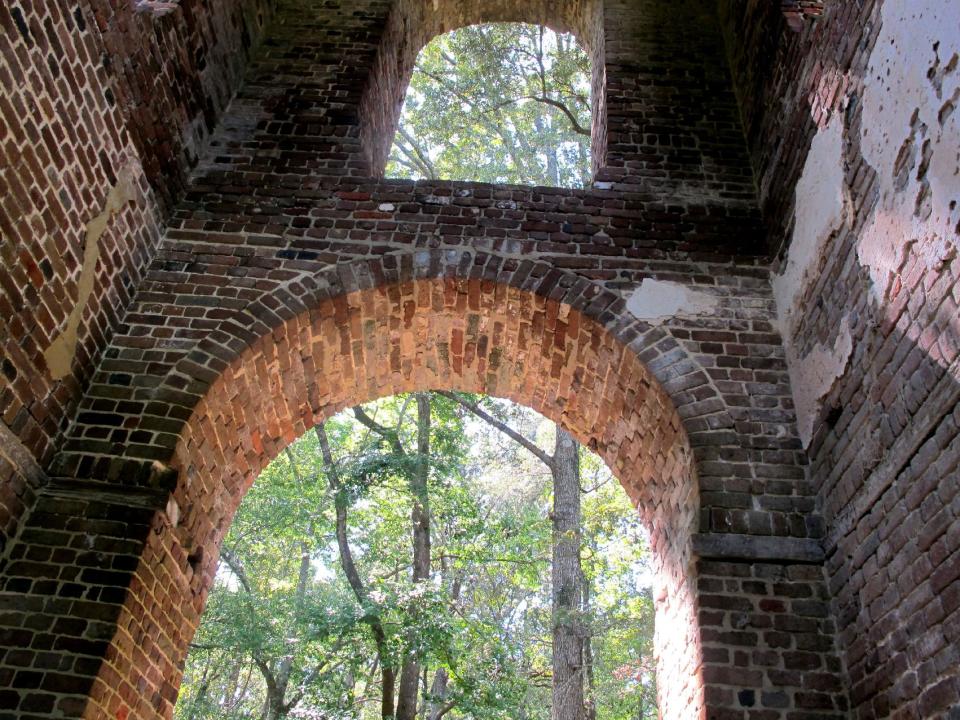 The ruins of a church bell tower dating to 1751 stands at the Colonial Dorchester State Historic Site in Summerville, S.C., Friday, Oct. 5, 2012. A new tourism campaign by the state South Carolina Department of Parks, Recreation and Tourism is aimed at drawing visitors to such sites that tourism officials call undiscovered South Carolina. (AP Photo/Bruce Smith)