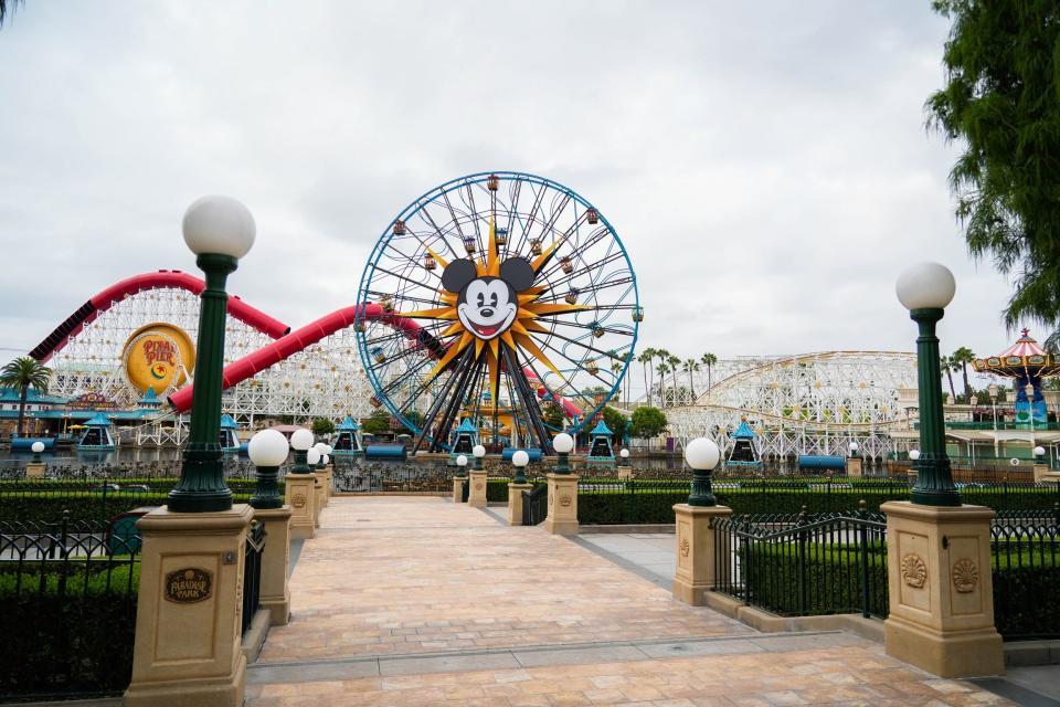 The Incredicoaster (white coaster with red tubes) and Pixar Pal-A-Round are seen at Disney California Adventure Park.