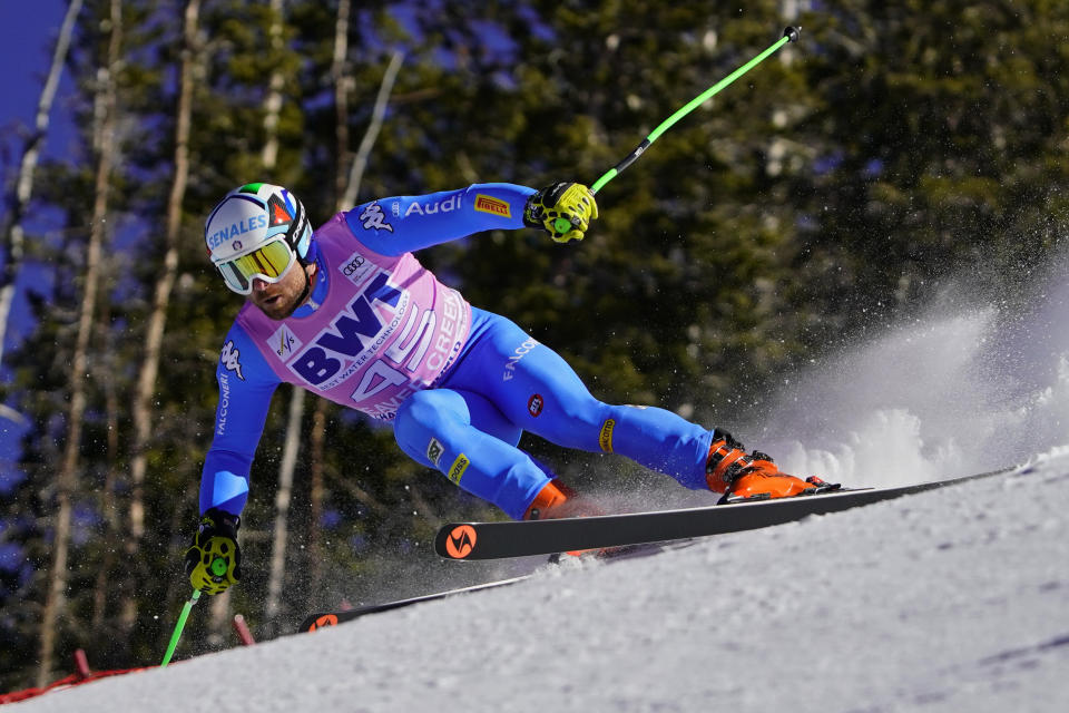 Italy's Riccardo Tonetti skis during a men's World Cup downhill skiing training run Wednesday, Dec. 1, 2021, in Beaver Creek, Colo. (AP Photo/Robert F. Bukaty)