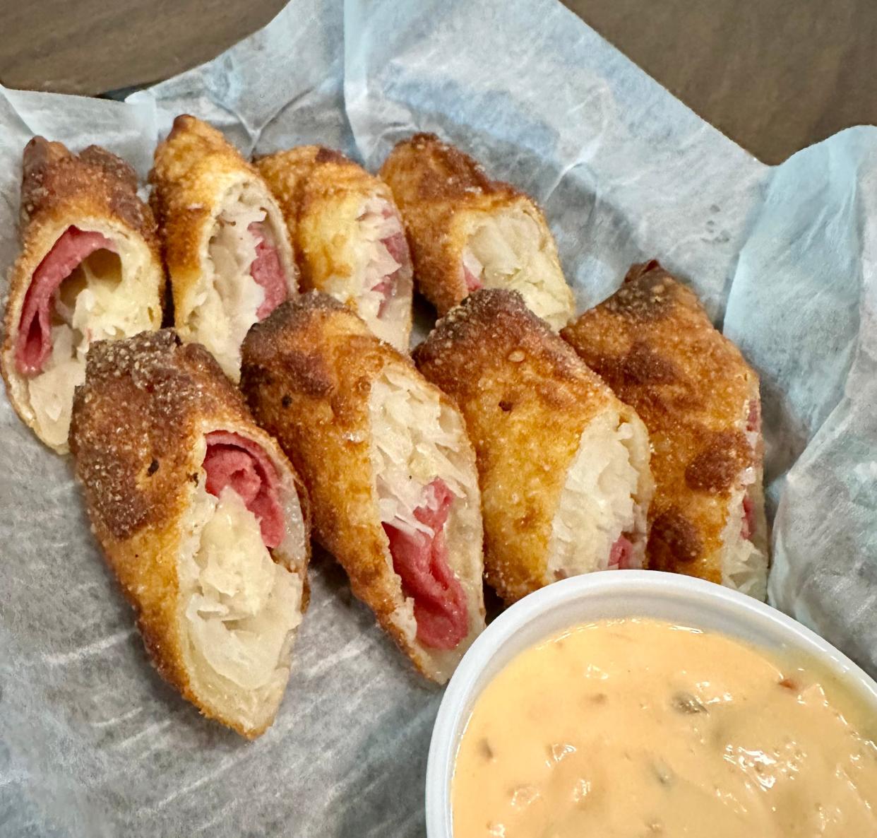 Irish spring rolls, among the appetizers available at Bogey's Pub & Grille in Plain Township, are served with thousand island dressing for dipping.