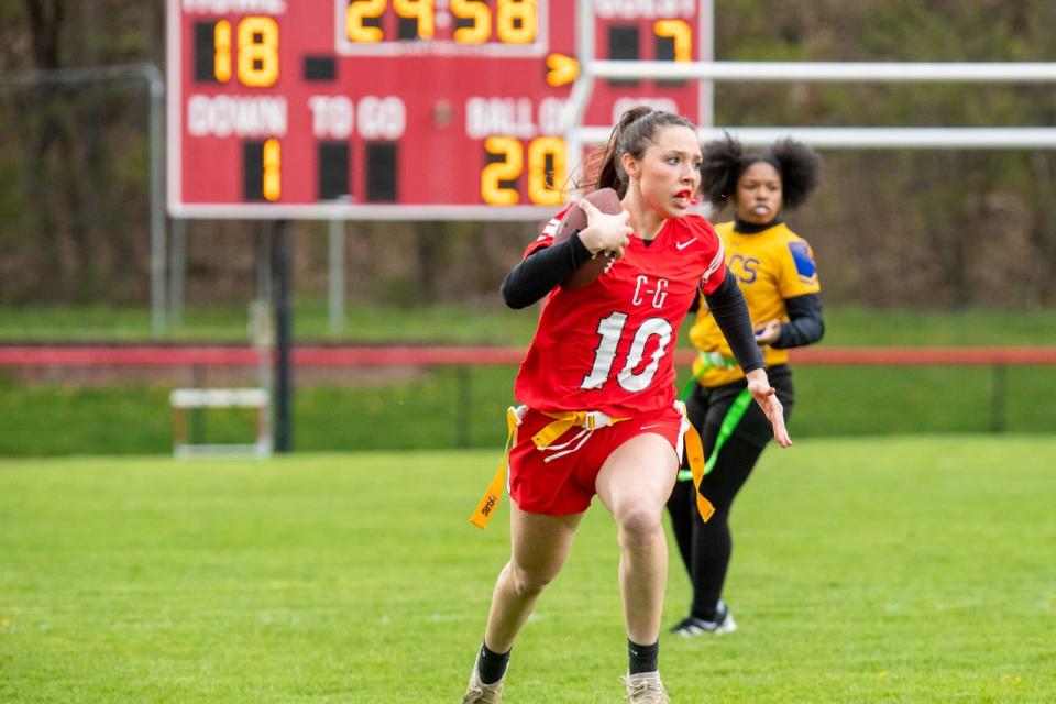 Canisteo-Greenwood senior Kylie Williamson carries the ball during a 38-17 win over Rochester Academy Charter in Section V flag football action this spring. Canisteo-Greenwood's athletic teams won't have new uniforms delivered in time for the 2023-24 fall sports, but likely will for winter and spring sports like flag football, said superintendent Tom Crook.