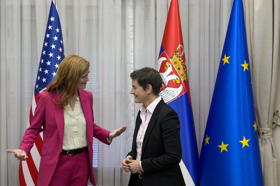 U.S. Agency for International Development (USAID) Administrator Samantha Power, left, speaks with Serbian Prime Minister Ana Brnabic in Belgrade, Serbia, Wednesday, May 10, 2023. Power arrived in Belgrade for the start of a week long visit to Serbia and Kosovo. (AP Photo/Darko Vojinovic)