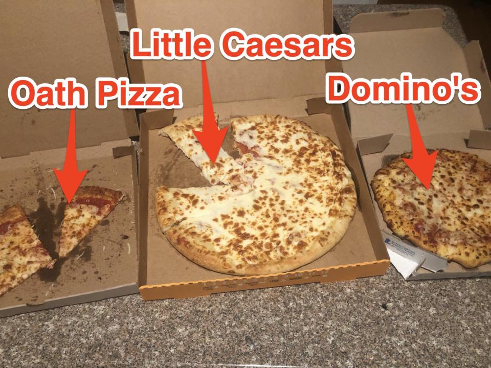 Three cheese pizzas in boxes with text and red arrows pointing to each. From left to right, pizzas are Oath Pizza, Little Caesars, and Domino's