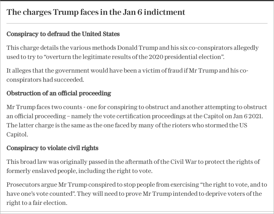 The four charges Donald Trump faces in the Jan 6 indictment