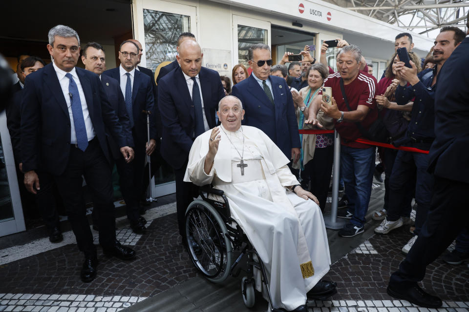 Pope Francis leaves the Agostino Gemelli University Polyclinic in Rome, Friday, June 16, 2023, nine days after undergoing abdominal surgery. The 86-year-old pope was admitted to Gemelli hospital on June 7 for surgery to repair a hernia in his abdominal wall and remove intestinal scar tissue that had caused intestinal blockages. (Cecilia Fabiano/LaPresse via AP)