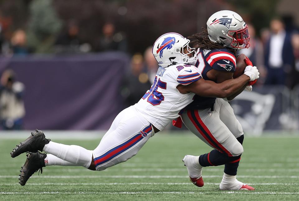 FOXBOROUGH, MASSACHUSETTS - OCTOBER 22: Rhamondre Stevenson #38 of the New England Patriots carries the ball in the second half of the game against the Buffalo Bills at Gillette Stadium on October 22, 2023 in Foxborough, Massachusetts. (Photo by Maddie Meyer/Getty Images)