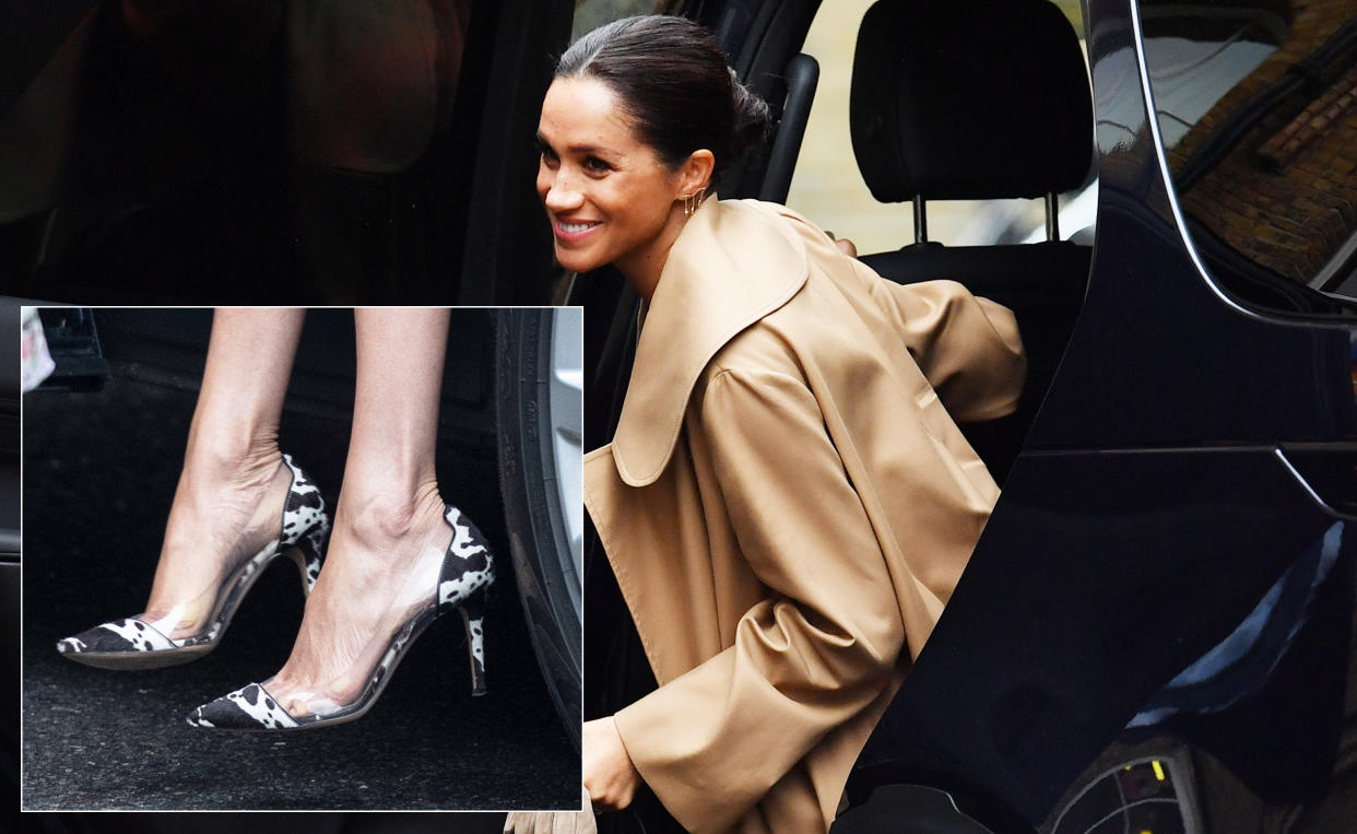 Meghan Markle donned eye-grabbing cow print heels for her first public outing of 2018 [Photo: Getty]